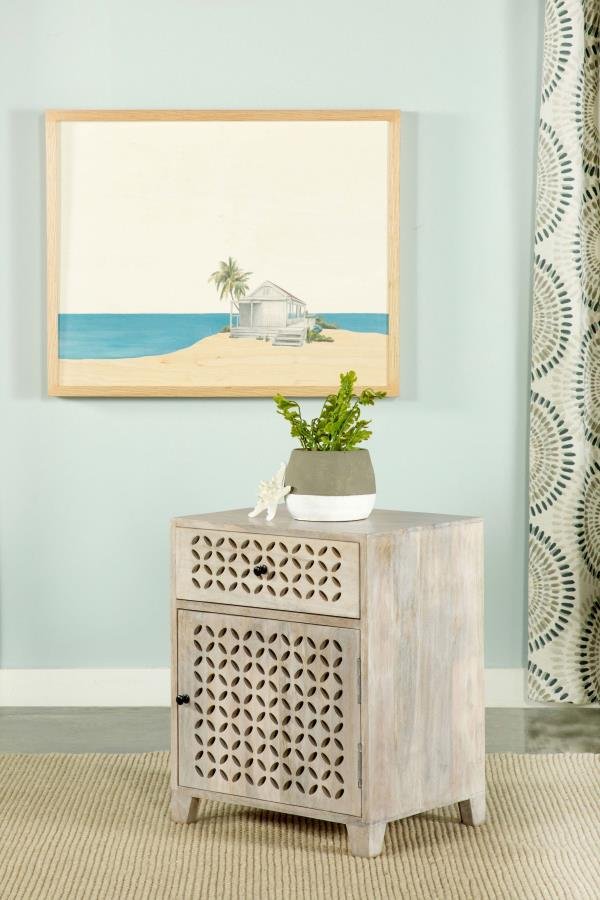 AUGUST 1-DRAWER TRELLIS PATTERN STORAGE CABINET WHITE WASHED - Image 2