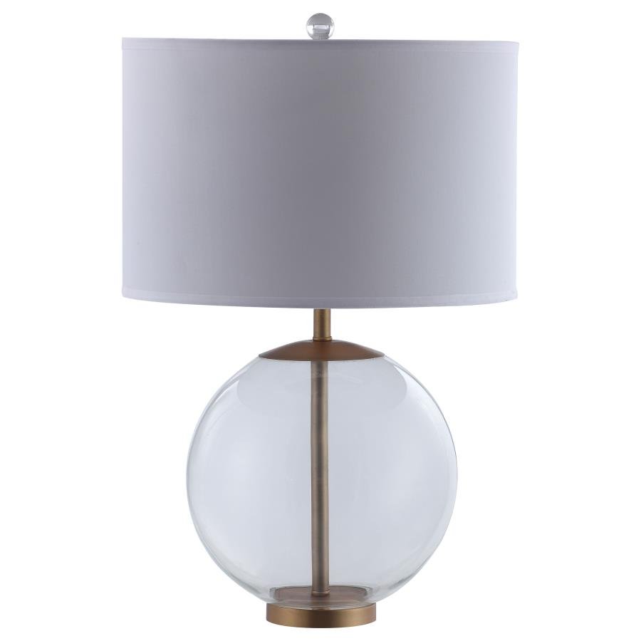 KENNY 27-INCH DRUM SHADE CLEAR GLASS TABLE LAMP BRASS