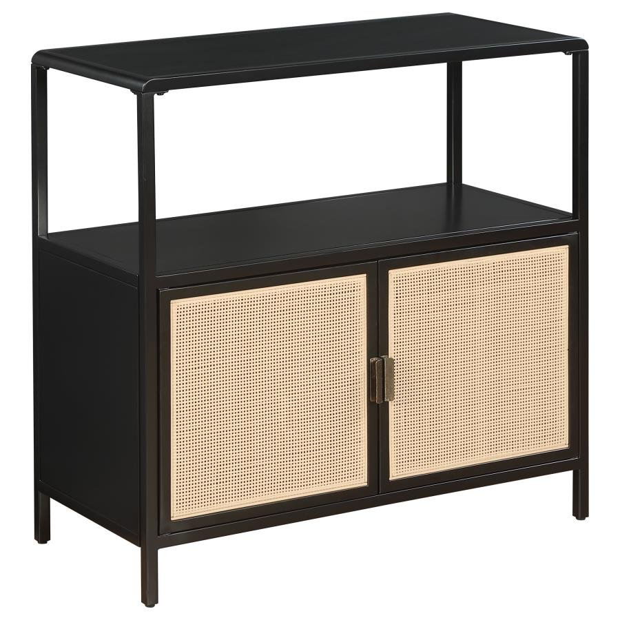 AMHERST 2-DOOR RADIO WEAVE CANE METAL ACCENT CABINET BLACK