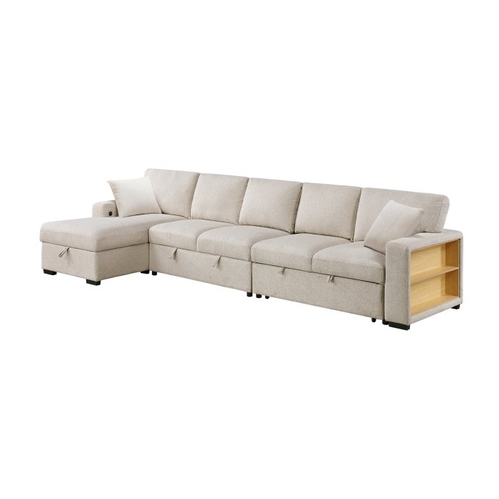 9630BE*3LC2R Sectional with Left Chaise, Pull-out Bed, Hidden Storages  and Shelves, Charging Ports