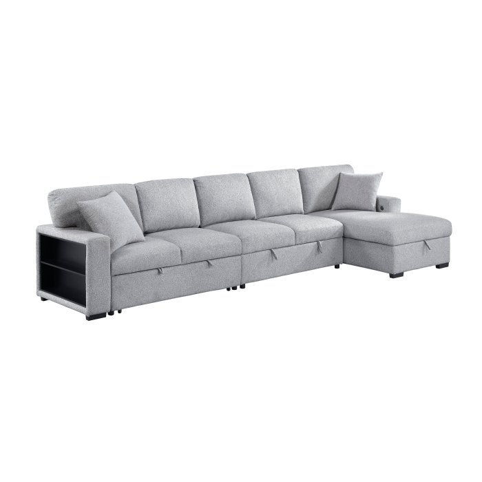 9630GY*32LRC Sectional with Right Chaise, Pull-out Bed, Hidden Storages and Shelves, Charging Ports