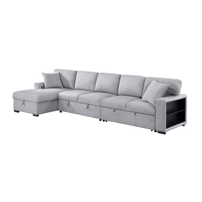 9630GY*3LC2R Sectional with Left Chaise, Pull-out Bed Hidden Storages and Shelves, Charging Ports