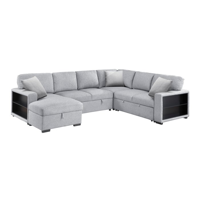9630GY*4LC2R Sectional with Left Chaise, Pull-out Bed, Hidden Storages  and Shelves, Charging Ports