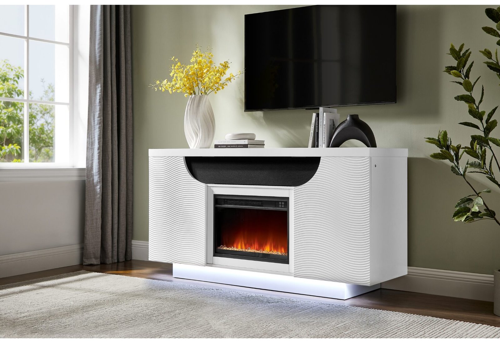 AILEEN WHITE 66″ ENT UNIT W/LED, SPEAKERS, CRYSTAL AND POP-UP DOORS