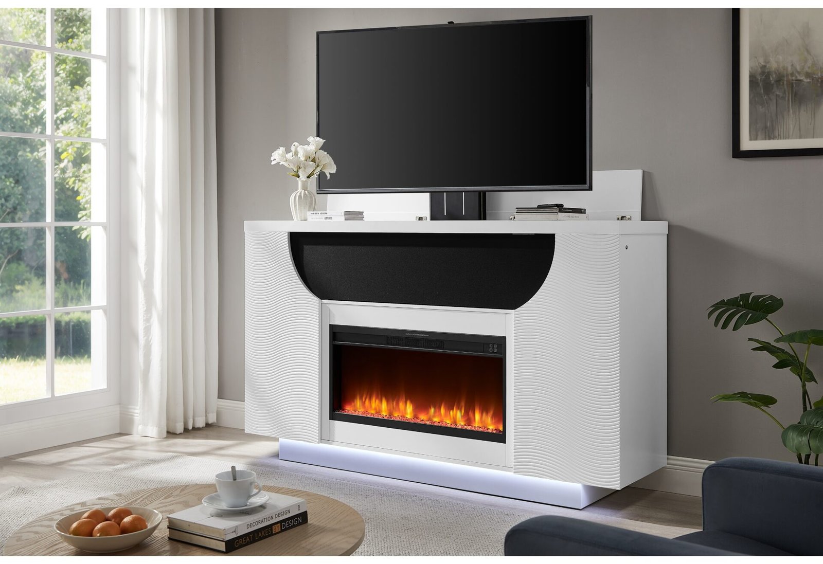 AVEENA WHITE 76″ ENT UNIT WITH TV, LED, SPEAKERS, CRYSTAL AND POP-UP