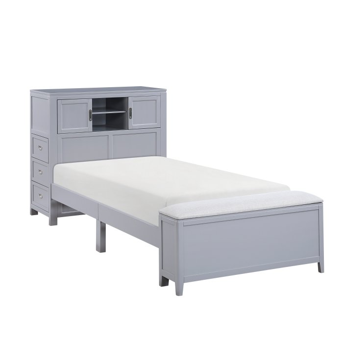 B2024GYBC-1* Twin Bookcase Platform Bed with Hidden Desk, Stool and Storage Bench