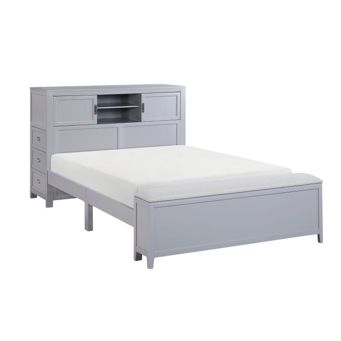 B2024GYBCF-1* Full Bookcase Platform Bed with Hidden Desk, Stool and Storage Bench