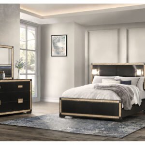 BLAKE BLACK/GOLD KING BED WITH LAMPS, DRESSER, MIRROR, NIGHTSTAND