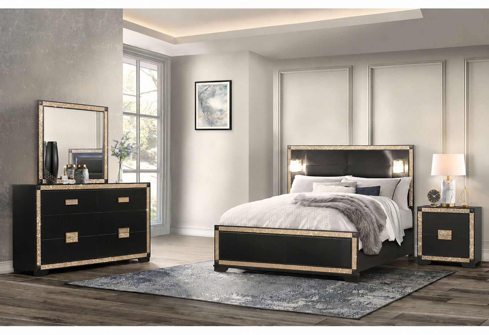 BLAKE BLACK/GOLD FULL BED WITH LAMPS, DRESSER, MIRROR, NIGHTSTAND