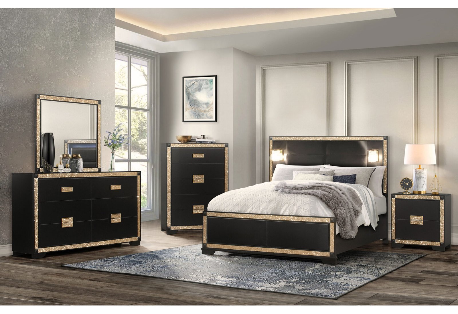BLAKE BLACK/GOLD KING BED GROUP WITH LAMPS
