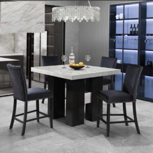 D04 WHITE BAR TABLE AND 6 D04 BLACK BAR STOOL