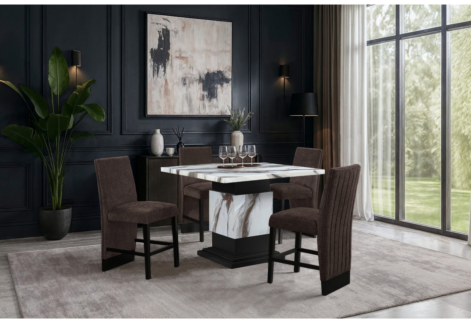 D12 BAR TABLE AND 6 D12 BROWN BAR STOOLS