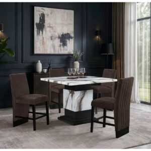 D12 BAR TABLE AND 4 D12 BROWN BAR STOOLS