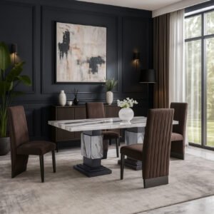 D12 DINING TABLE AND 4 D12 BROWN DINING CHAIRS