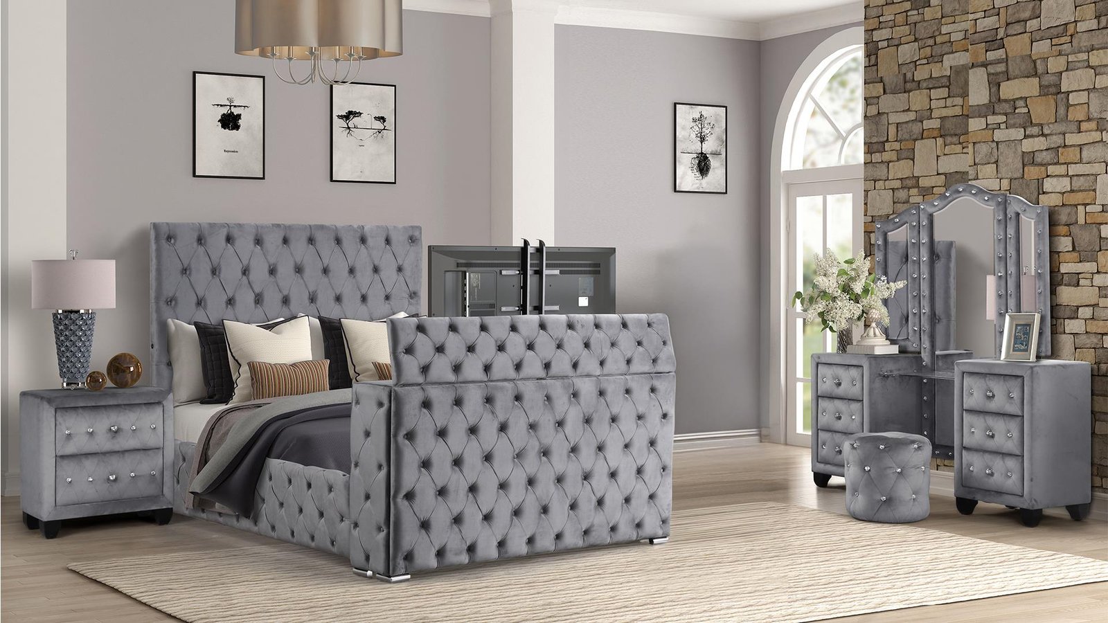 ENCORE KING 4PC VANITY BEDROOM SET IN GRAY