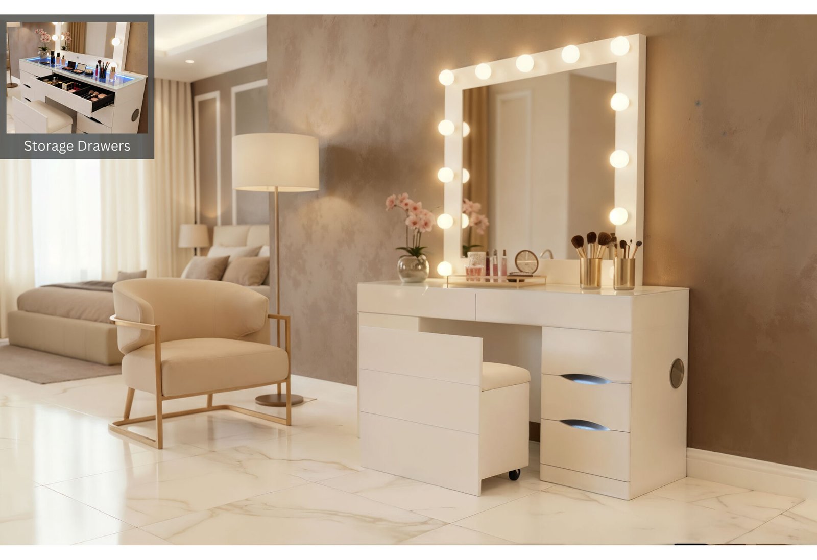 ELLA WHITE VANITY SET WITH STORAGE STOOL