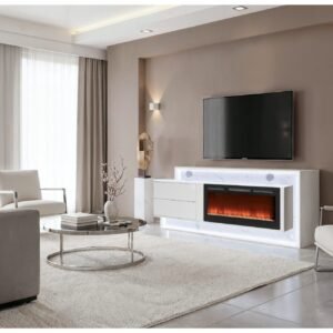 KIRA WHITE 87″ ENTERTAINMENT UNIT WITH BLUETOOTH SPEAKER AND LED