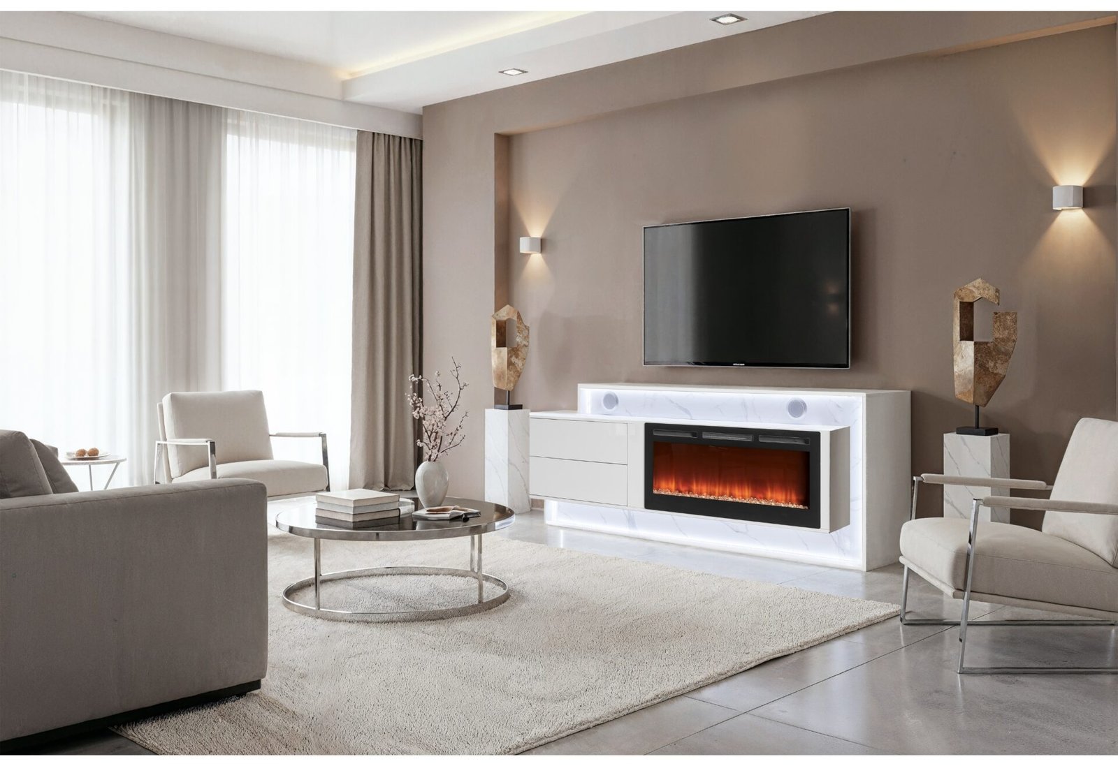 KIRA WHITE 87″ ENTERTAINMENT UNIT WITH BLUETOOTH SPEAKER AND LED