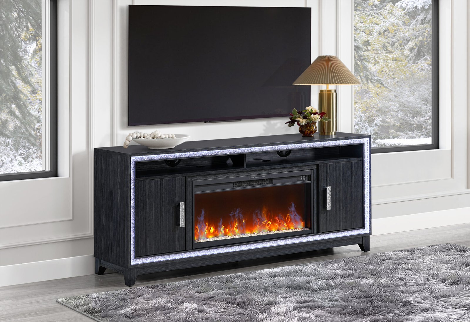 LILY DARK GREY ENT UNIT 72 INCH W/ LED, SPEAKERS, CRYSTAL INSERTS