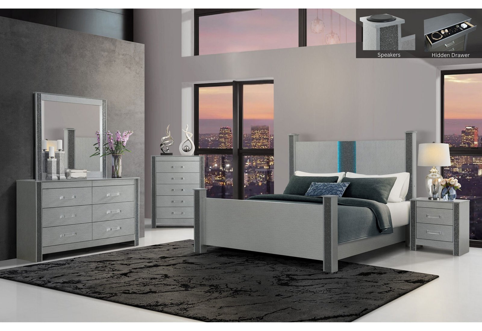 LOGAN SILVER QUEEN BED GROUP W/ LED AND SPEAKERS
