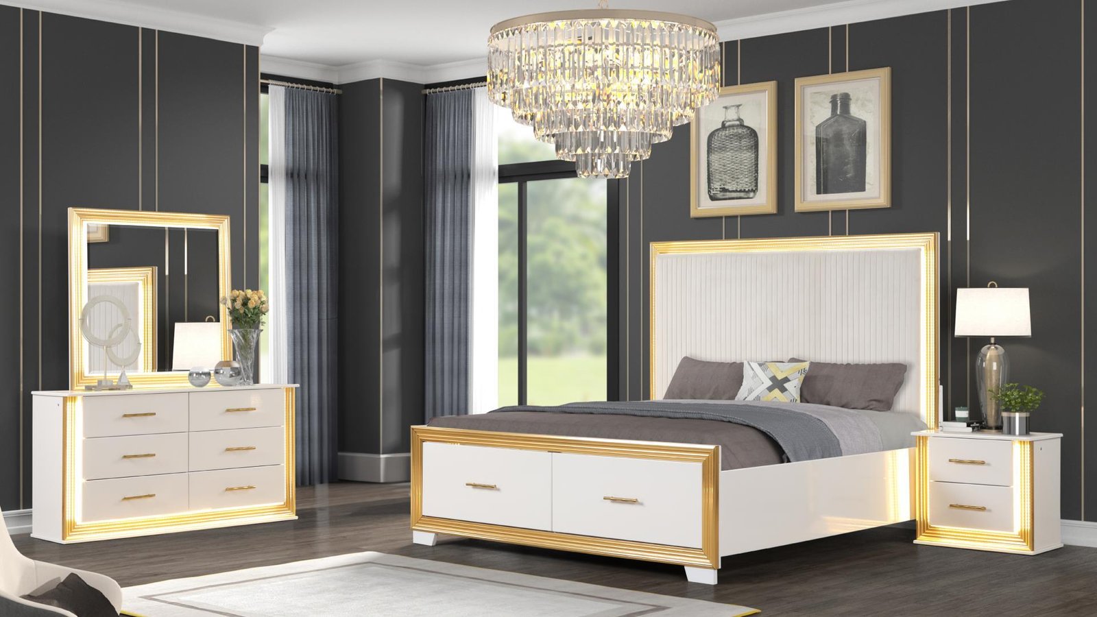 OBSESSION KING 4 PC BEDROOM SET IN WHITE &AMP; GOLD
