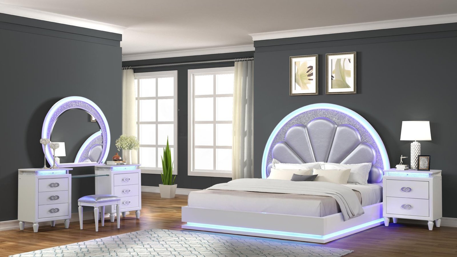 PERLA QUEEN 4 PC VANITY BEDROOM SET IN MILKY WHITE