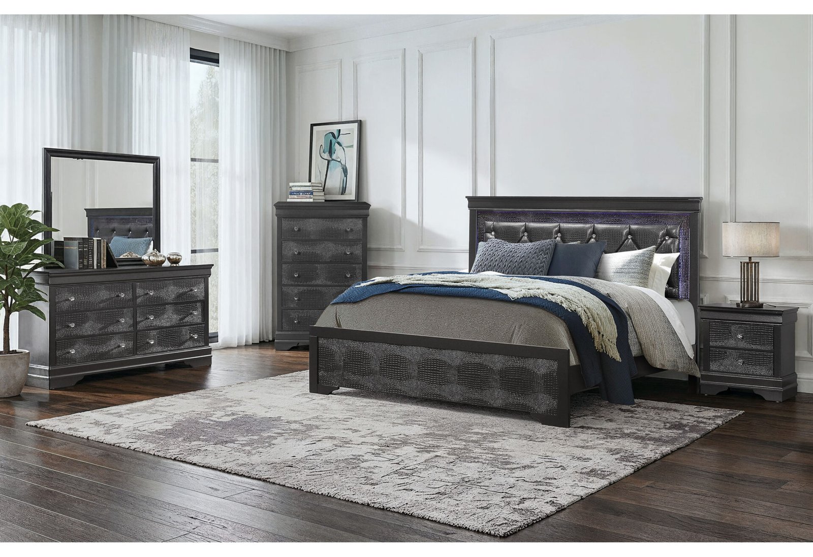POMPEI METALLIC GREY QUEEN BED GROUP WITH LED