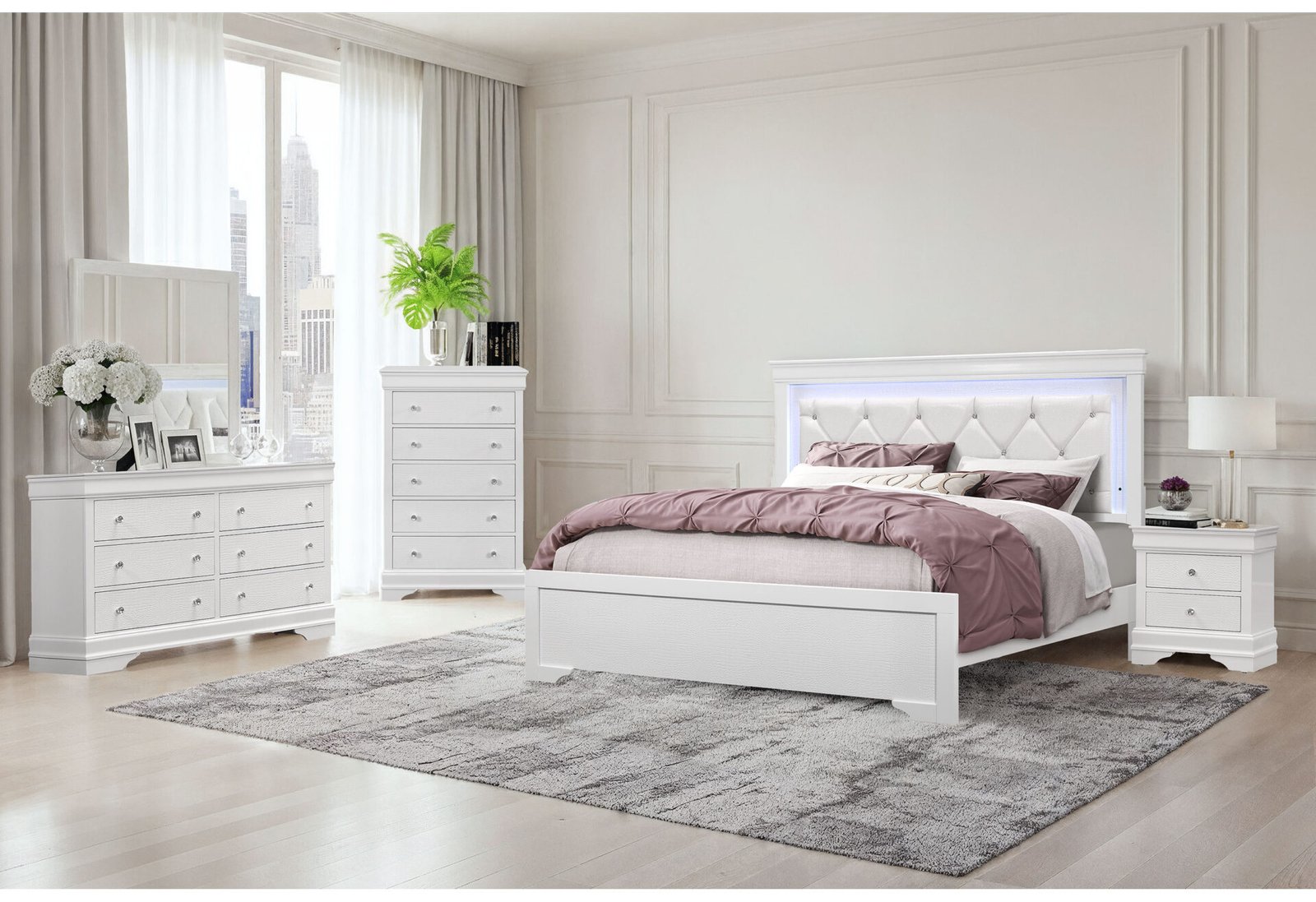 POMPEI METALLIC WHITE FULL BED GROUP WITH LED