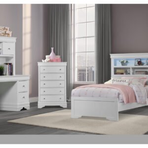 POMPEI METALLIC WHITE BOOKCASE TWIN BED W/ DESK & HUTCH, NS & CH