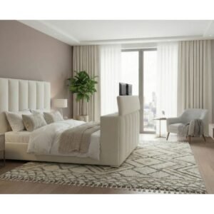 SERENITY CREMA QUEEN BED WITH SPEAKER, TV LIFT AND FIREPLACE