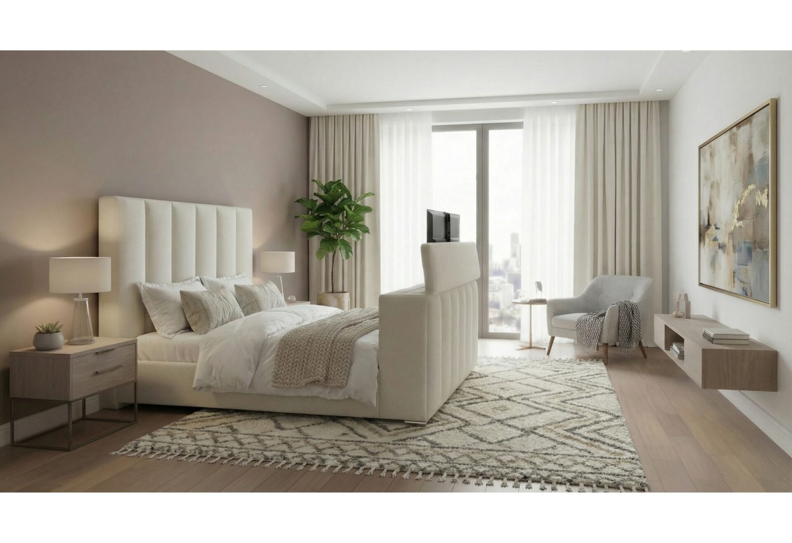 SERENITY CREMA QUEEN BED WITH SPEAKER, TV LIFT AND FIREPLACE