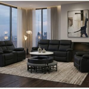 T42 BLACK COFFEE TABLE WITH 3 STOOLS