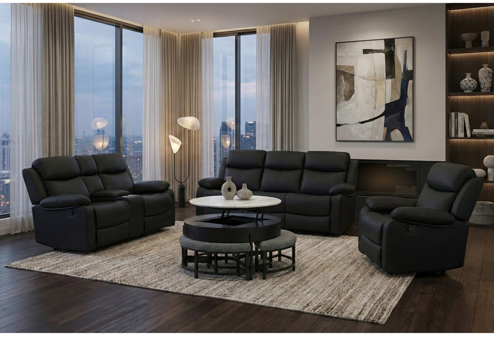 T42 BLACK COFFEE TABLE WITH 3 STOOLS