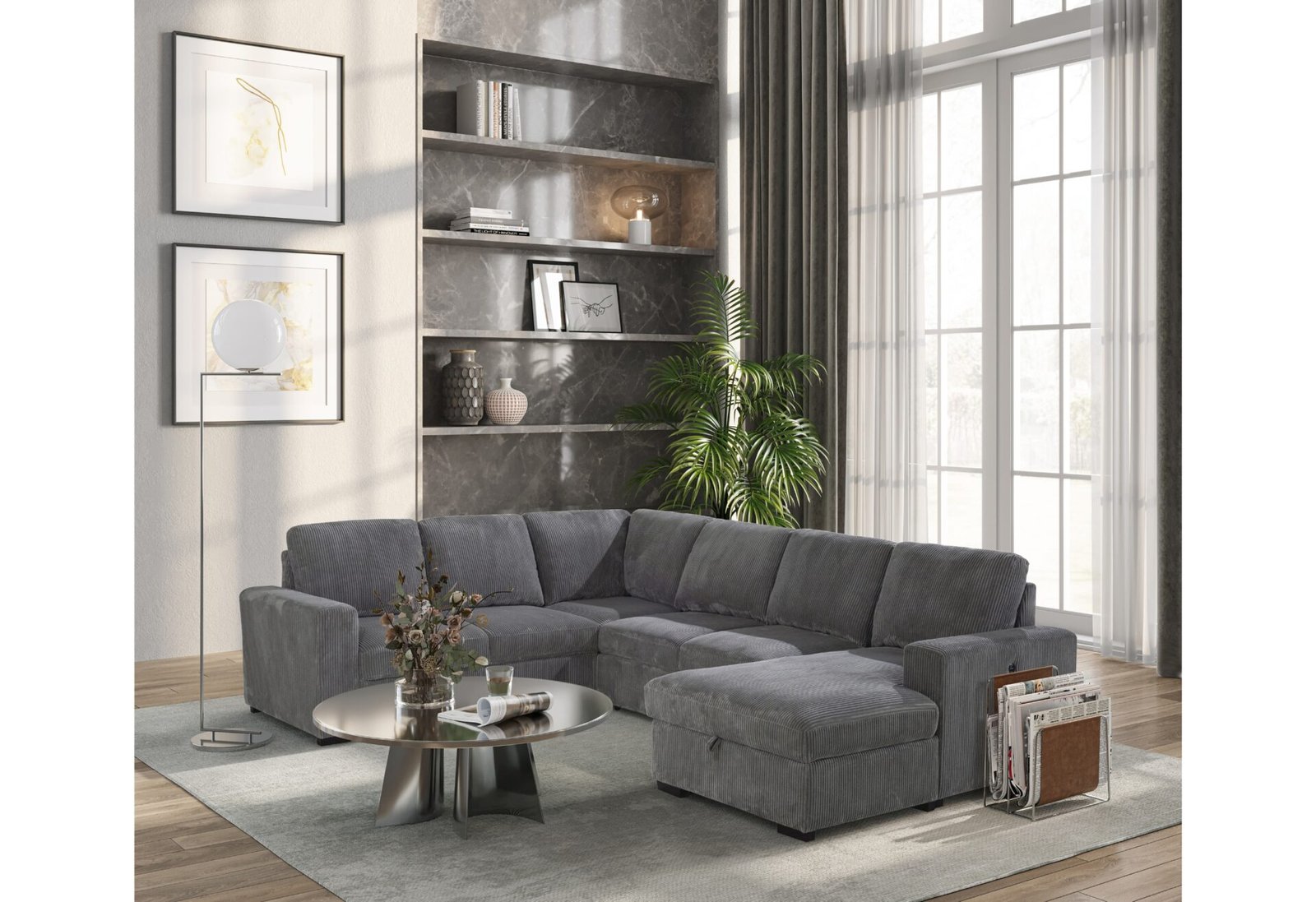 U2660 GREY SECTIONAL W/PULL OUT SOFA BED