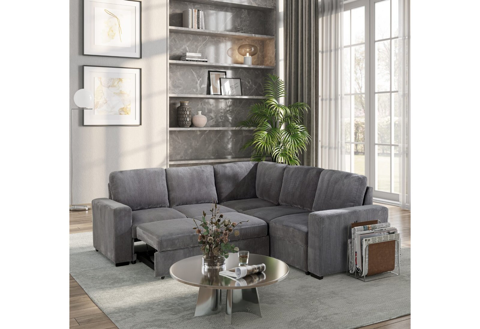 U2660 GREY SECTIONAL W/O CHAISE AND W/ PULLOUT SOFA BED