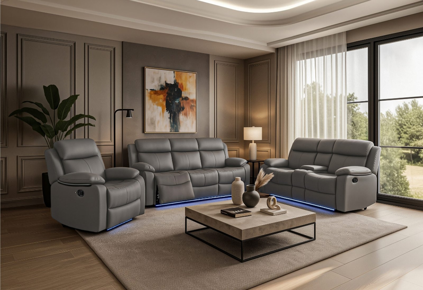 U6026 GREY PU 46A REC SOFA/CON REC LOVESEAT W/SPEAKER/GLIDER REC