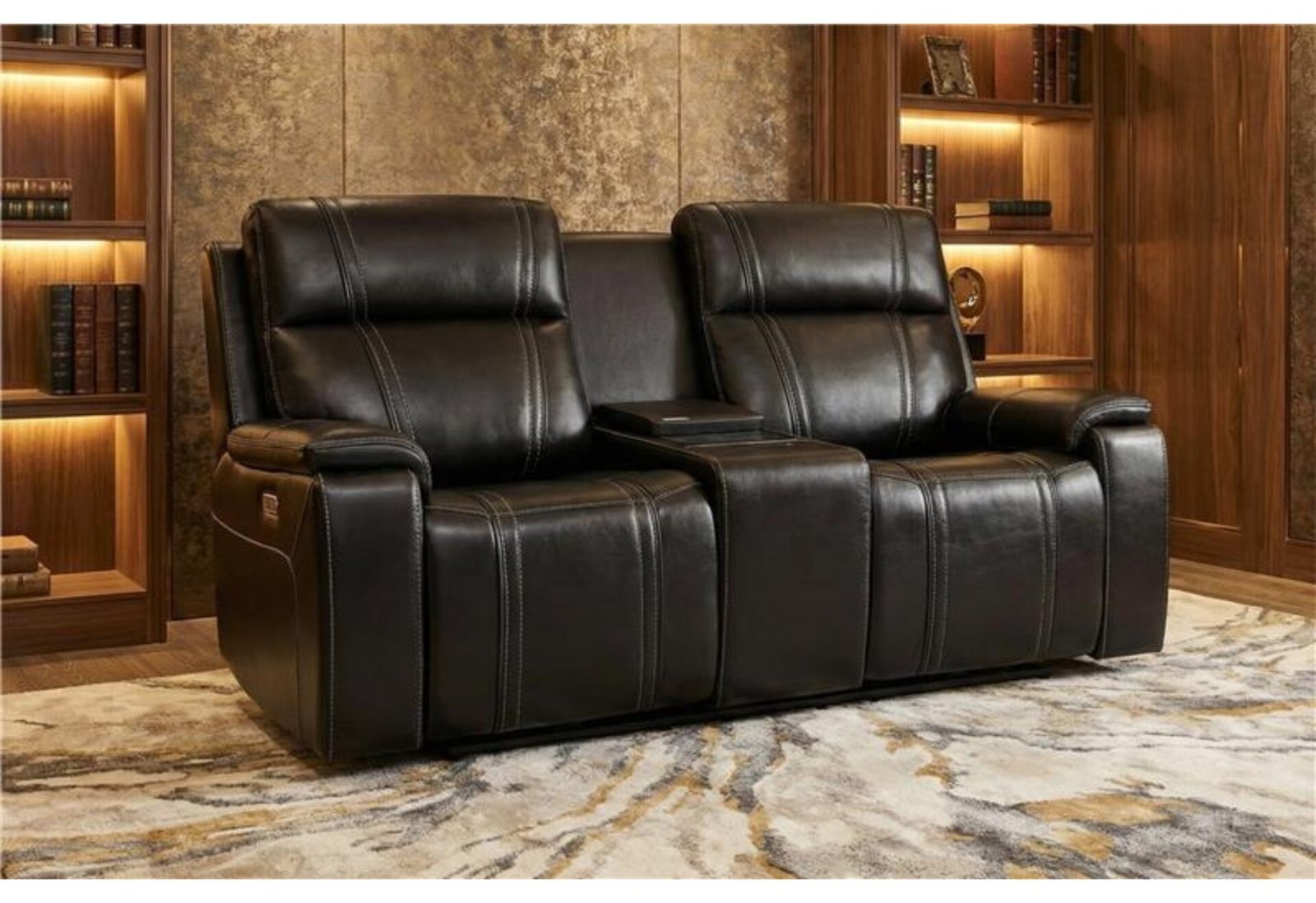 U8880 BLACK LEATHER POWER CONSOLE RECLINING LOVESEAT WITH COOLER