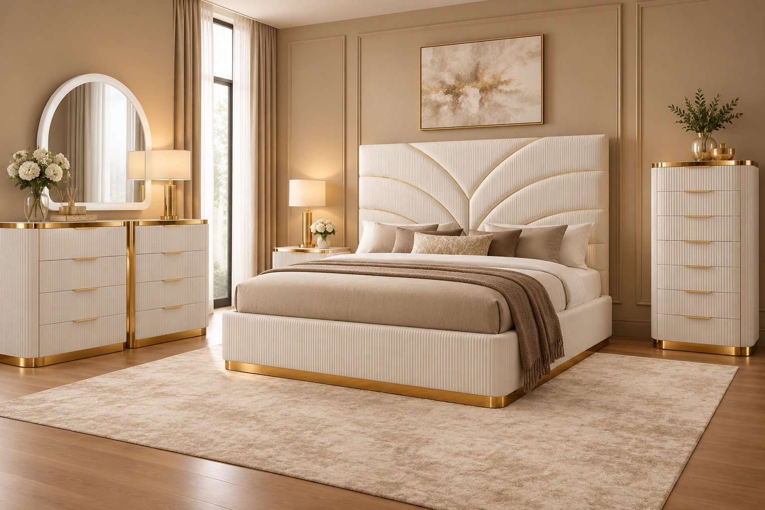 LAURA QUEEN 4 PC (LSF NS) – BEDROOM SET IN WHITE &AMP; GOLD