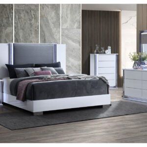 YLIME SMOOTH WHITE QUEEN BED GROUP FULLY SLATTED W/ VANITY SET