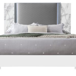 YLIME WHITE MARBLE KING BED FULLY SLATTED WITH LED