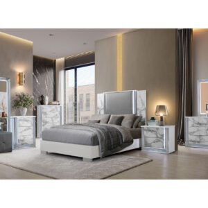 YLIME WHITE MARBLE QUEEN BED GROUP FULLY SLATTED WITH VANITY SET