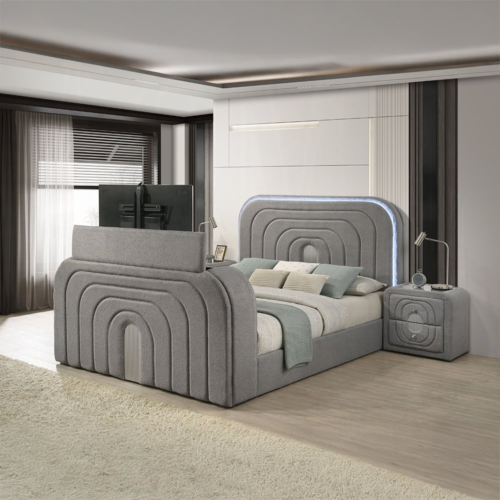 Shelyn EK Bed w/LED, TV Stand, Fireplace & Bluetooth