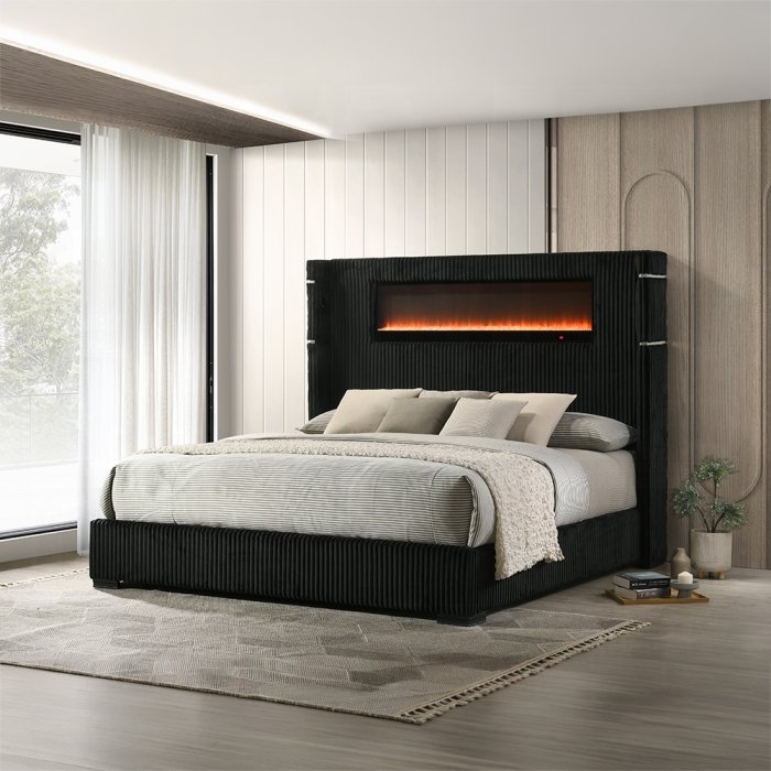 Garner Queen Bed w/Fireplace, LED, Reading Light, Speaker, Bluetooth & USB